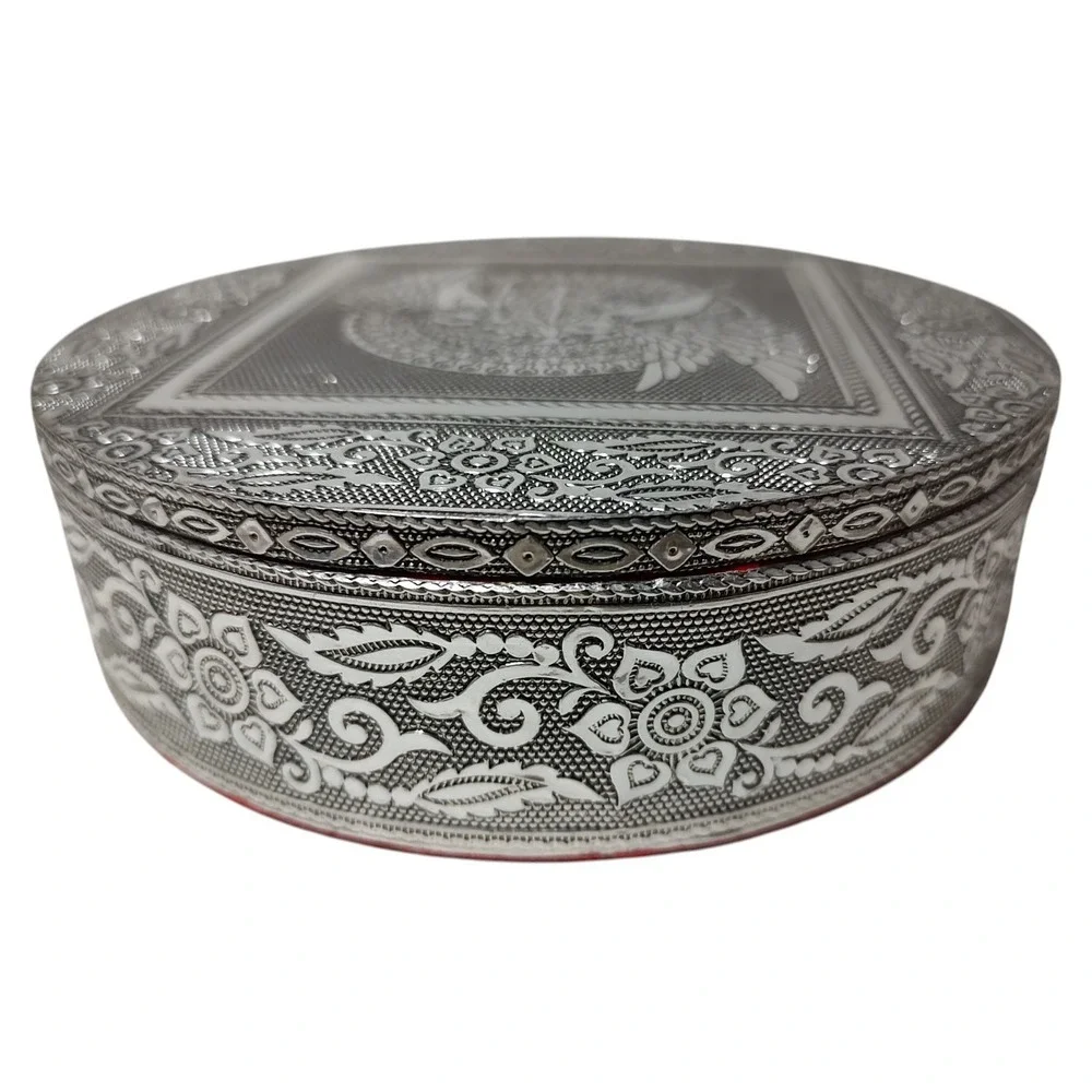 New Handcrafted Jewelry Trinket Box Embossed Birds Aluminum and Red Velvet India